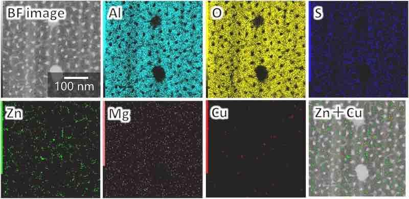 Fig. 10. Elemental maps of the horizontal cross-section of the anodic film formed on AA7075â€“T6 (the analysis area is the same as in Fig. 9c).