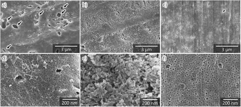 Fig. 4. SEM images of the surface of aluminum specimens anodized in sulfuric acid (1.5 mol dmâˆ’3) at 100 A mâˆ’2 and 20 Â°C for 60 min: (a, d) AA7075â€“O, (b, e) AA7075â€“T4, and (c, f) AA7075â€“T6. (dâ€“f) High-magnification images.