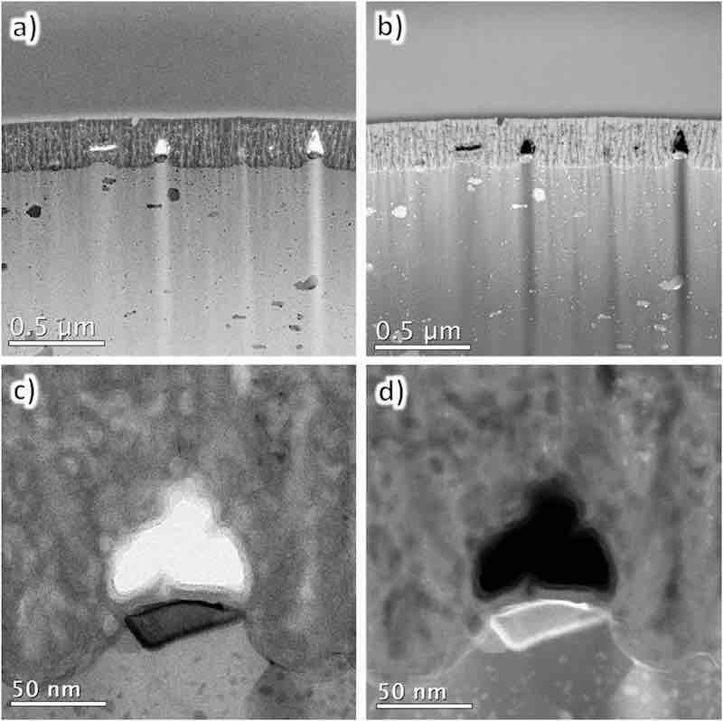 Fig. 6. TEM images of the cross-sections of AA7075â€“T6 anodized in sulfuric acid (1.5 mol dmâˆ’3) for 60 s: (a, c) BF and (b, d) HAADF images. (c, d) High-magnification images.