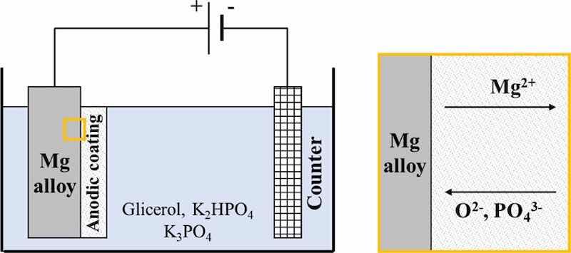 Figure 1. Sketch of the anodizing process setup. Inset: Movement of metallic cations and oxygen anions during anodic coating growth.