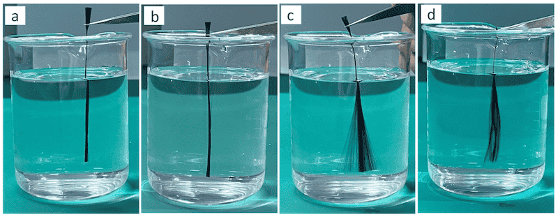 Figure 3. Dispersibility of carbon fibers in aqueous solutions under different heat treatment conditions: (a) as-received carbon fiber; (b) carbon fiber heat-treated at 300 °C; (c) carbon fiber heat-treated at 500 °C; (d) carbon fiber heat-treated at 700 °C.