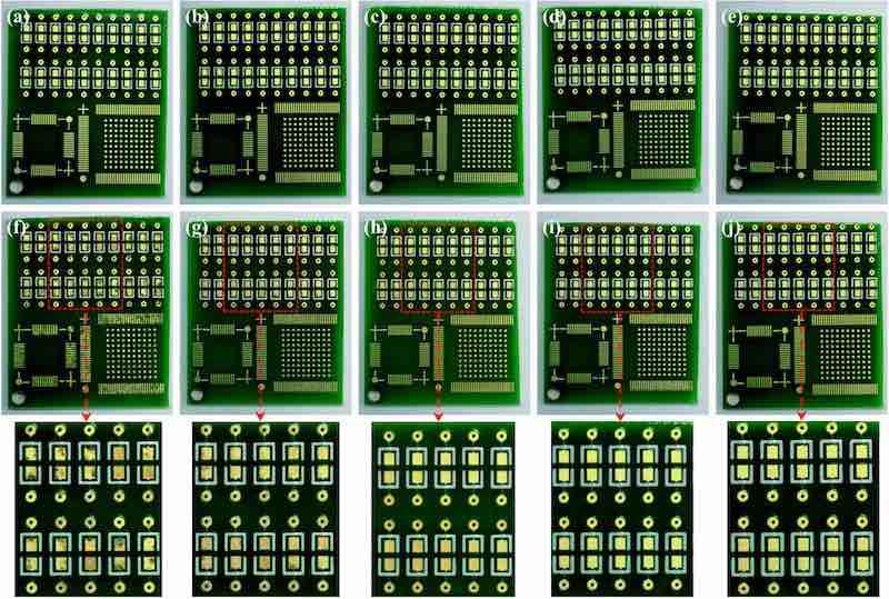 Fig. 9 Appearances of printed circuit board before (aâ€“e) and after (fâ€“j) salt spray tests. The Au layers were deposited from cyanide-free baths containing different concentrations of NaH2PO2: (a and f) 0 g Lâˆ’1, (b and g) 2.5 g Lâˆ’1, (c and h) 5.0 g Lâˆ’1, (d and i) 7.5 g Lâˆ’1, and (e and j) 10 g Lâˆ’1.