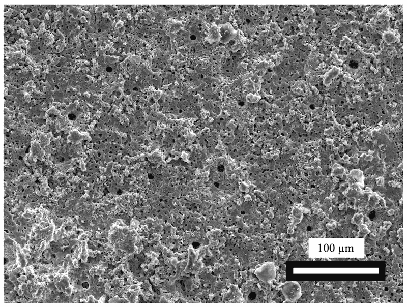 Figure 3. SEM image of a PEO coating on titanium alloy. Image produced by the author.