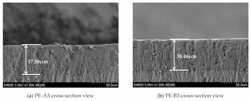 Figure 15. SEM micrographs of coating films with the addition of Al(OH)3 and BaSO4 respectively.