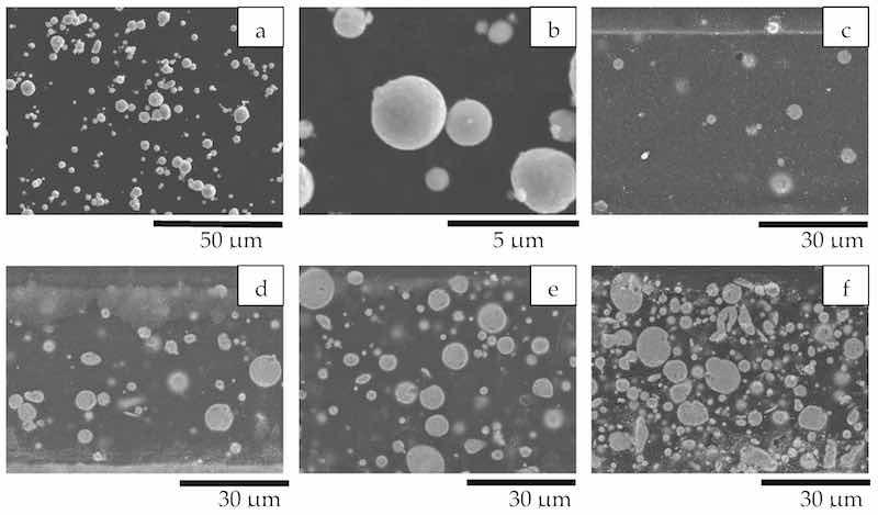 Figure 1. SEM images. (a,b) Zinc particles; (c–f) cross-sections of coatings with 20, 40, 60, and 80% zinc in PC. (a) Zn; (b) Zn; (c) Zn–20%-PC; (b) Zn–40%-PC; (e) Zn–60%-PC; (f) Zn–80%-PC.