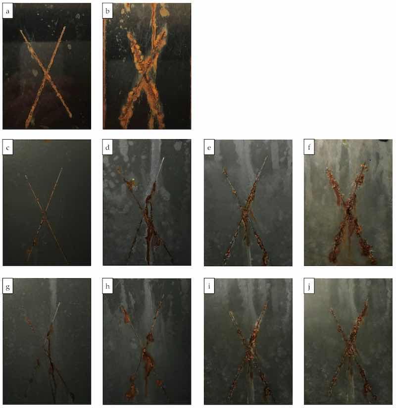 Figure 11. Test panels prepared from the coatings with 0, 60 and 80% zinc after the neutral salt spray test. (a,b) PC-Control, 500â1000 h; (câf) zinc 60%, 500â2500 h; (gâj) zinc 80%, 500â3000 h. (a) Control-PC 500 h; (b) Control-PC 1000 h; (c) Znâ60%-PC 500 h; (d) Znâ60%-PC 1000 h; (e)Znâ60%-PC 1500 h; (f) Znâ60%-PC 2500 h; (g) Znâ80%-PC 500 h; (h) Znâ80%-PC 1000 h; (i) Znâ80%-PC 2000 h; (j) Znâ80%-PC 3000 h.
