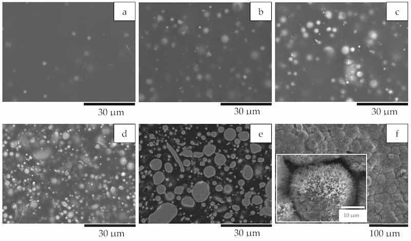 Figure 3. SEM images. (a–d) Coating surfaces with 4 zinc dosages; (e) cross-section and (f) surface after immersion test for a coating prepared from the formula Zn–80%-PC. (a) Zn–20%-PC; (b) Zn–40%-PC; (c) Zn–60%-PC; (d) Zn–80%-PC; (e) Zn–80%-PC, after test; (f) Zn–80%-PC, after test.
