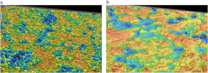 Fig. 1. Initial deposition step of EPIC200RX on MBZE panels: (a) Phosphated; 15.7 mC/cm2; 0.14 mg/cm2; (b) Oxsilan; 47.5 mC/cm2; 0.25 mg/cm2.
