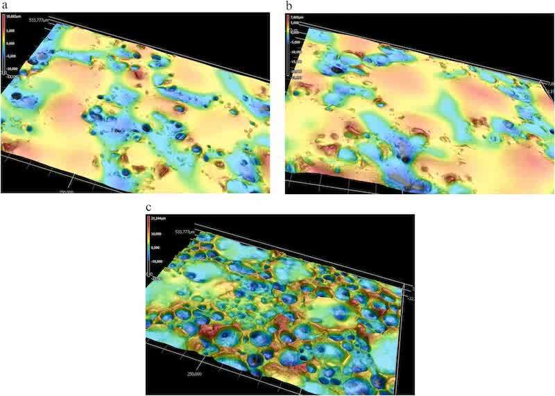 Fig. 18. Topography images of Aluminum panels coated with CG800RE at different Oxsilan ageing durations.
