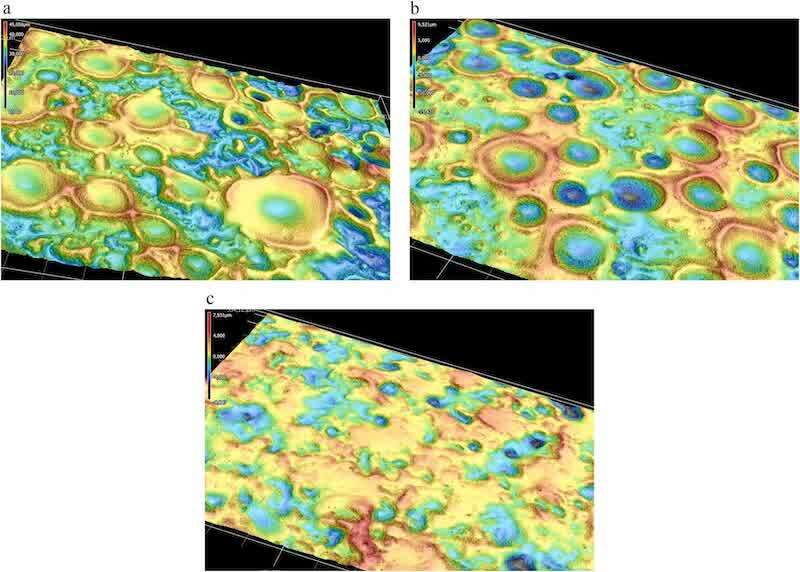 Fig. 21. Topography images of MBZE panels coated with EPIC200RX at different rotation speeds at current density 0.5 mA/cm2.