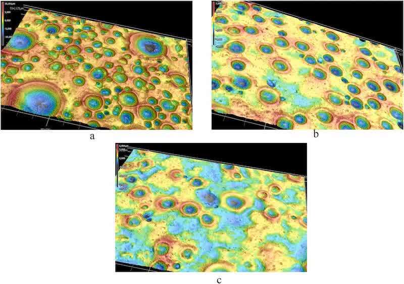 Fig. 22. Topography images of MBZE panels coated with EPIC200RX at different rotation speeds at current density 1 mA/cm2.