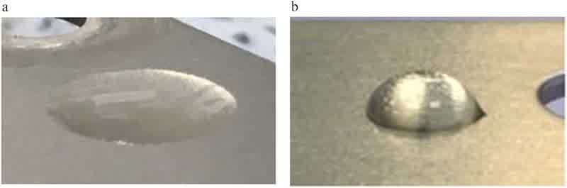 Fig. 24. Contact angle of DI water drops on Aluminum, Oxsilan pretreated: (a) aged 2 h; (b) aged 14 days.