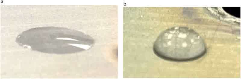 Fig. 25. Contact angle of DI water drops on MBZE, Oxsilan pretreated: (a) aged 2 h; (b) aged 14 days.
