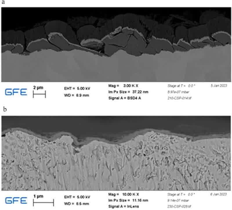 Fig. 27. SEM images of crosscuts of MBZE (a) phosphated and (b) Oxsilan pretreated.