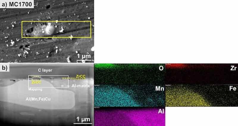Figure 10. SEM image (SE mode) of the (a) top surface and (b) cross-section and EDS elemental mapping of the selected site on the MC1700-CP-AA3003-coated sample after immersion 24 h in 3.5 wt% NaCl. SEM and EDS analyses were made at 5 kV. The area denoted by the yellow square in the SEM image (a) is the position where the cross-section was done. The area on SEM image (b) where the mapping was recorded is denoted by the white rectangle.