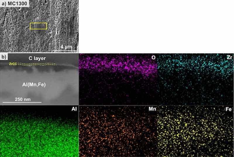 Figure 12. SEM image (SE mode) of the (a) top surface and (b) cross-section and EDS elemental mapping of the selected site on the MC1300-CP-AA3003-coated sample after immersion for 24 h in 3.5 wt% NaCl. SEM and EDS analyses were made at 5 kV. The area denoted by the yellow square in the SEM image (a) is the position where the cross-section was done.
