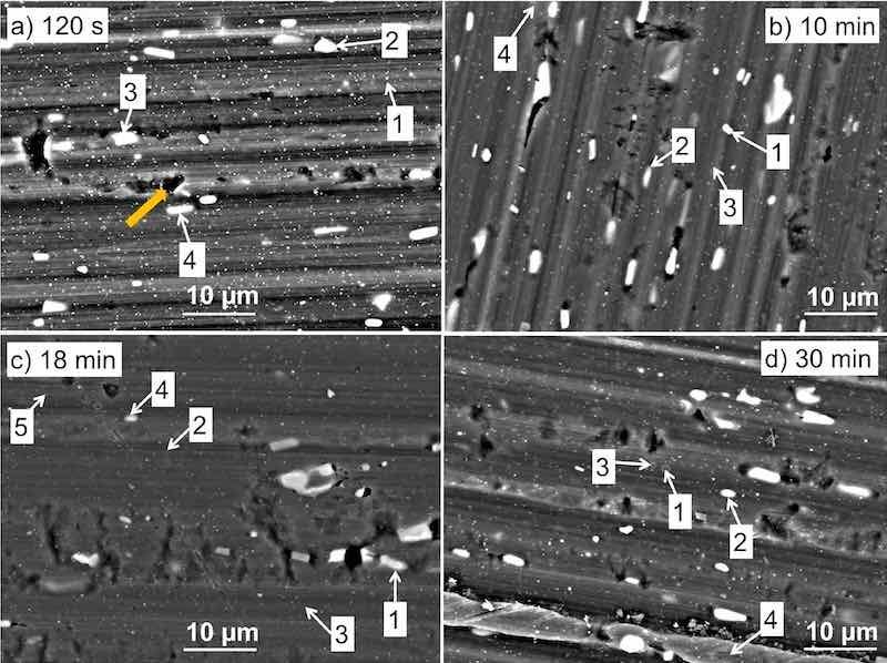 Figure 3. SEM back-scattered electron micrographs of AA3003 samples coated with MC1700 conversion coatings prepared with different conversion times: (a) 120 s, (b) 10 min, (c) 18 min, and (d) 30 min. The enumerated spots are the locations where EDS analysis was performed (Table I). BSE images were taken at an acceleration voltage of 15 kV. The arrow in (a) denotes the defect in the material. The SEM images recorded in LEI mode and images for bare and chemically treated samples are given in Fig. S1.