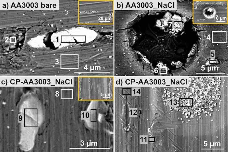 Figure 7. SEM images of (a) non-treated bare AA3003 (BSE image), (b) bare AA3003 (BSE image) and (c, d) chemically pre-treated AA3003 (CP-AA3003) immersed for 24 h in 3.5 wt% NaCl. (c) BSE image, (d) SE image.