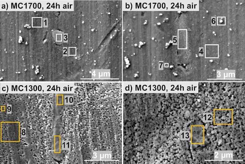 Figure 8. SEM SE images of (a, b) MC1700 and (c, d) MC1300 coated CP-AA3003. The conversion times were 10 min for MC1700 and 7 min for MC1300. After deposition, samples were dried for 24 h in the air. BSE images are given in Figs. S5 and S6. EDS analysis was made at the enumerated sites, and the results are given in Table V.