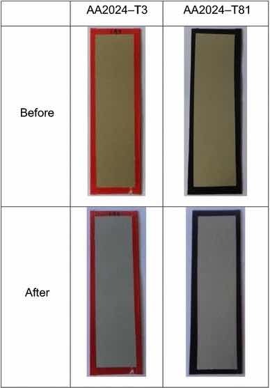 Fig 13: Illustrative photographs of the test panels pretreated with Alodine 1200, before and after salt spray tests.