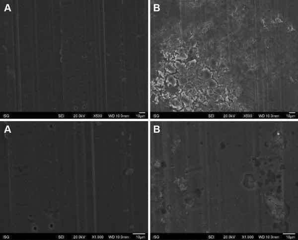Fig. 3: Illustrative SEM photomicrography obtained in the secondary electrons mode (SE) of the AA2024-T3 surface treated with PreCoat A32 before (a) and after EIS measurements of 7 days of immersion in 0.5 M NaCl (b) (×500 and ×1000)