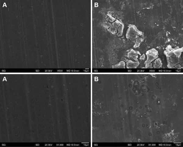 Fig 4: Illustrative SEM photomicrography obtained in the secondary electrons mode (SE) of the AA2024-T81 surface treated with PreCoat A32 before (a) and after EIS measurements of 7 days of immersion in 0.5 M NaCl (b) (×500 and ×1000)