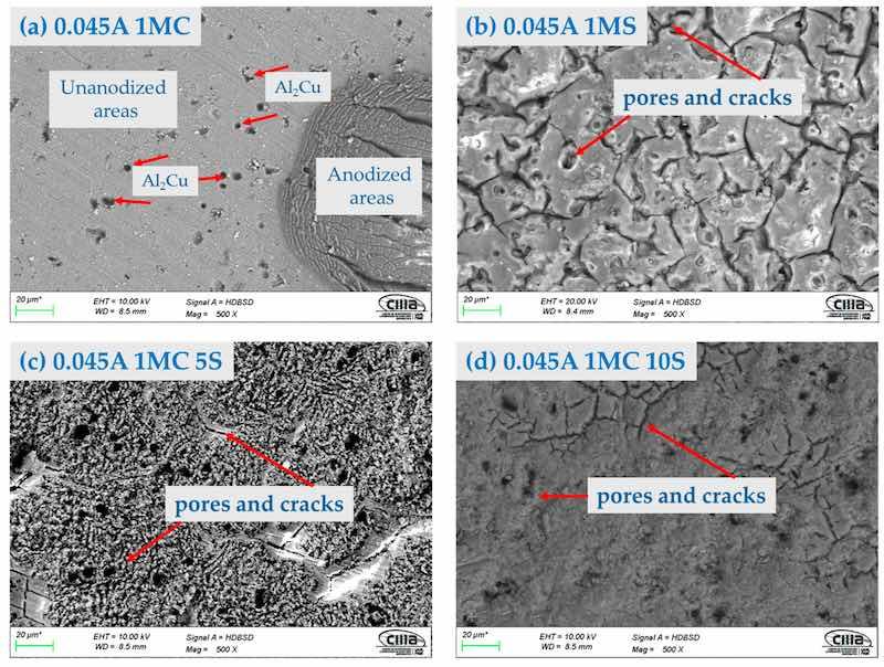 Figure 3. Surface morphology by SEM-BSE of the AA2024 anodized at 0.045 A/cm2 in different baths solutions: (a) 1MC; (b) 1MS; (c) 1MC 5S; and (d) 1MC 10S.