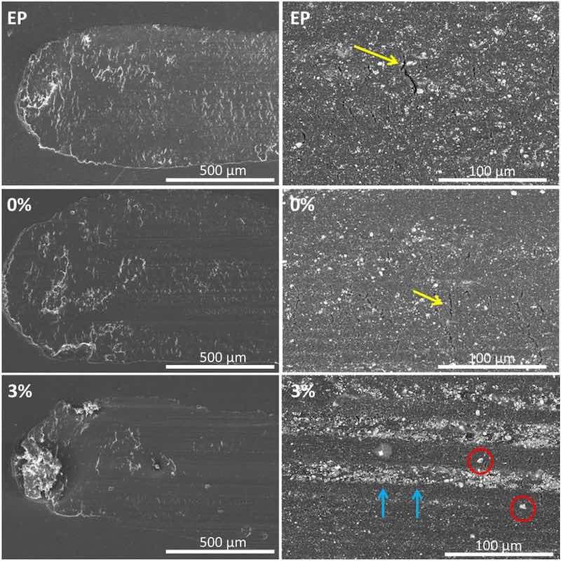 Fig. 14. SEM micrographs showing the wear mechanism of the three tested organic coatings.
