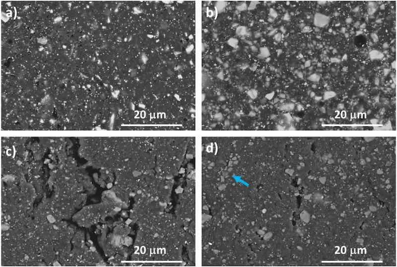Fig. 15. High-magnification SEM images of the surfaces of the 0 % and 3 % coatings (images corresponding to EP coatings are not included for being almost identical to those corresponding to 0 % coatings: a) 0 % surface before being worn; b) 3 % surface before being worn; c) 0 % surface inside the wear track; d) 3 % surface corresponding to the white trails inside the wear tracks.