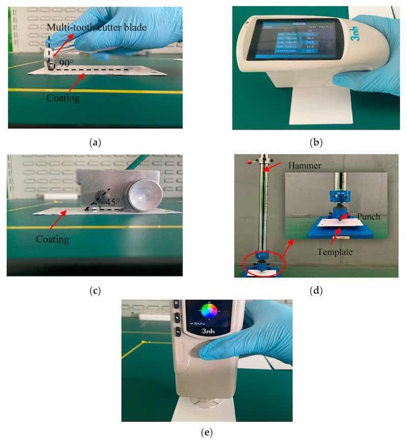 Figure 5. Test equipment and processes: (a) adhesion test, (b) gloss test, (c) hardness test, (d) film impact resistance test, and (e) color test.