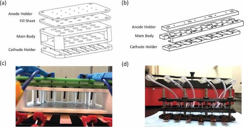 Figure 1. Technical sketch and manufactured HT cells for (a), (c) static electrodeposition cell and (b), (d) flow electrodeposition cell. For scale, the long dimension of the “main body” of the holder is 150 mm, glass tubes are 1.25′ long x 0.375′ diameter.