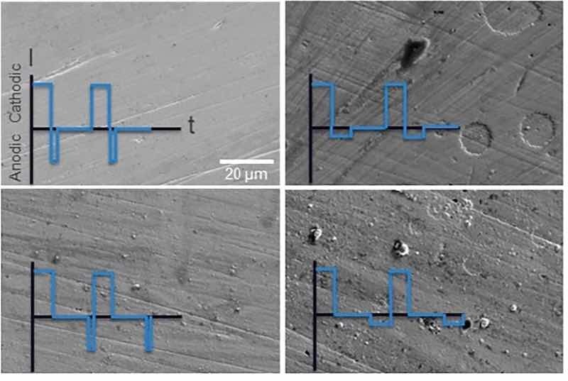 Figure 7. SEM images of as-deposited Re coatings achieved with the indicated pulse-reverse waveforms based upon previous process optimization. All experiments are crack-free, with that shown on the upper left an optimum result. Lines/striations observed are consistent with the substrate before deposition.