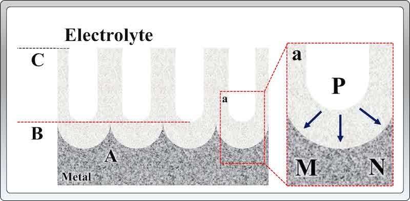 Figure 3. Schematic representation of the Hoar–Mott model for porous anodic oxide formation. A: metal substrate; B: compact barrier layer; C: electrolyte; P: pore base, where oxide dissolution and ion transfer occur; M and N: metal/oxide interfaces associated with Al³⁺ migration. Arrows indicate the inward migration of oxygen/hydroxyl ions (OH⁻) through the barrier layer, neutralizing Al³⁺ at the interface. Adapted from.[8]