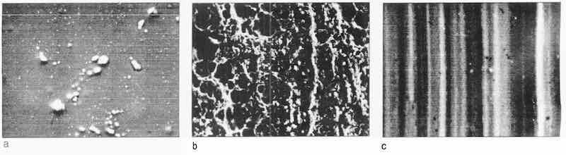 Fig. 3: SEM micrographs of Grind 2 substrate surface: (a) with chemical polishing; (b) with electrolytic polishing; (c) with bright nickel strike.