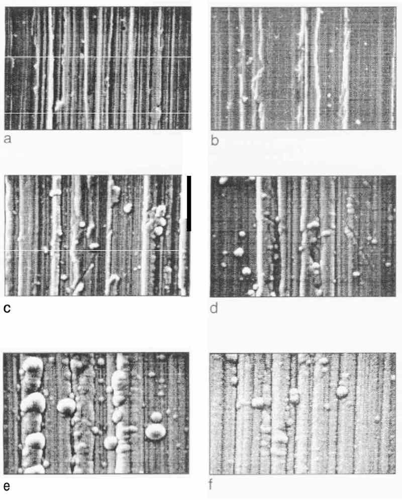 Fig. 4: EN as-plated surfaces of Grind 2 substrate after various deposition times: (a) O min; (b) 1 min; (c) 5 min; (d) 10 min; (e) 20 min; (f) 30 min.