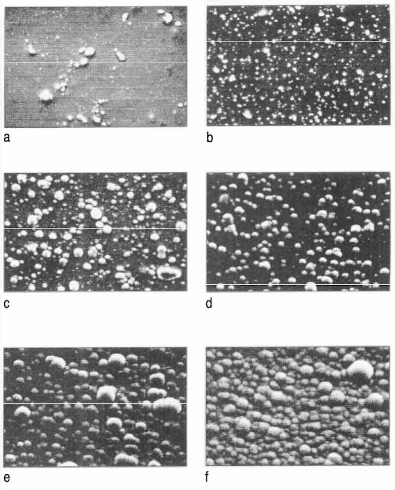 Fig 5: Progress of EN deposition on Grind 2 substrate after chemical polishing and deposition rate of 12 Âµm/hr: (a) O rein; (b) 1 rein; (c) 5 rein; (d) 10 rein; (e) 20 mm; (f) 30 min.
