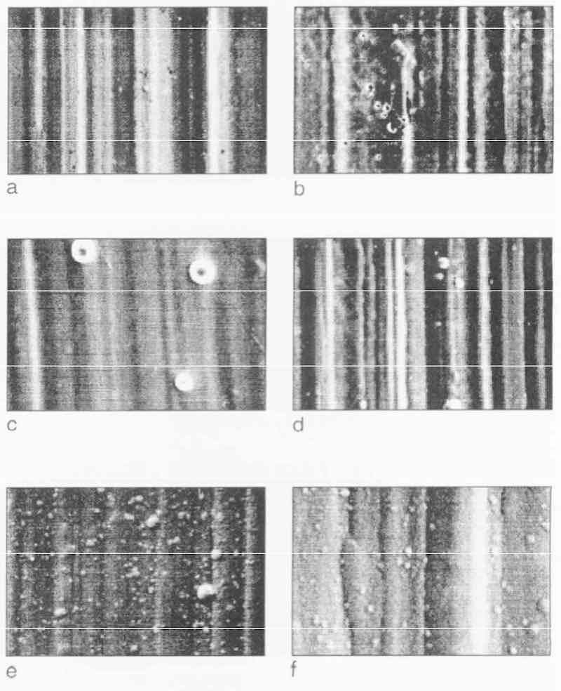 Fig. 7â€”Progress of EN deposition on Grind 2 substrate after bright nickel strike and deposition rate of 12 Âµm/hr: (a) O min; (b) 1 min; (c) 5 min; (d) 10 min; (e) 20 rein; (f) 30 min.