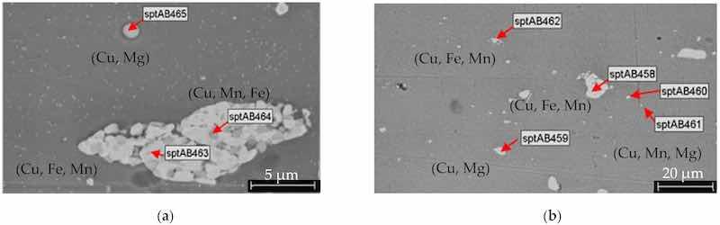 Figure 11. SEM investigations of the AA2024 substrate (without pretreatment and anodization) at different magnifications (a,b). In the BSD detector images, regions with higher atomic numbers appear brighter because heavier elements scatter more electrons. Intermetallic nanoparticles with high concentrations of combinations such as (Cu, Fe, Mn), (Cu, Mg), and (Cu, Mn, Mg) are present on the surface.