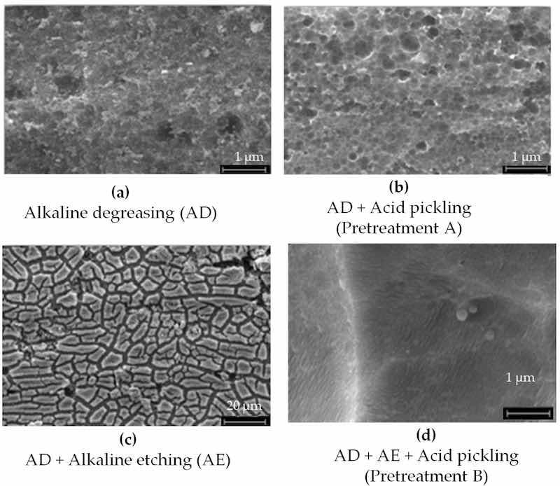 Figure 12. SEM investigations of the aluminum AA2024 substrate (a) after alkaline degreasing with Turco 4215 NCLT for 20 min at 60â65 Â°C, (b) after alkaline degreasing with Turco 4215 NCLT for 20 min at 60â65 Â°C and acidic pickling with Turco Smut Go NC 5 min, RT. (c) Alkaline degreasing with Turco 4215 NCLT for 20 min at 60â65 Â°C and alkaline etching with Aluminetch No. 2 for 1 min at 60 Â°C; (d) after alkaline degreasing with Turco 4215 NCLT for 20 min at 60â65 Â°C, alkaline etching with Aluminetch No. 2 for 1 min at 60 Â°C, and acid pickling with Turco Smut Go NC for 5 min at 40 Â°C. The weight loss in (d) is 10Ã that in (b), which is equal to 1.48 g/m2.
