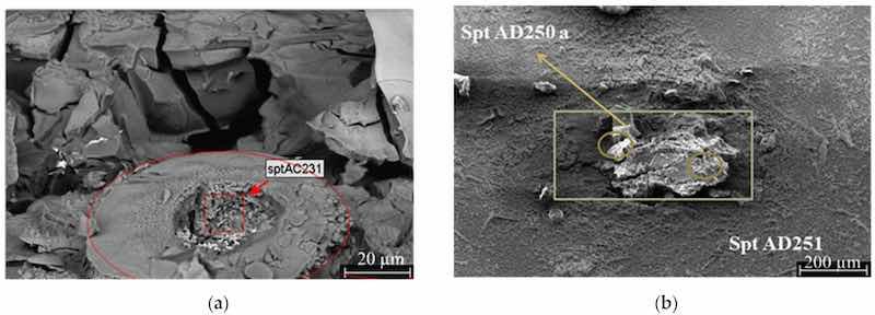 Figure 20. (a) Hot water sealing, after 768 h of SST, pitt analysis: Cu-rich regions were located in and around the pits. EDX analysis (sptAC231) showed the following composition: Cu (9.38 wt%), Cl (12.02 wt%), Al (38.8 wt%), O (36.17 wt%), S (2.45 wt%), and Si (1.67 wt%). (b) Zr/F/Mo/Ce sealing, after 768 SST, pitt analysis (spt AD250a): Mo 11 wt%, Cu 36 wt%, Cl 4 wt%, Al 20 wt%, O 29 wt%: (spt 251): Mo 7 wt%, Cu 4 wt%, Cl 7 wt%, Al 33 wt%, O 49 wt%.