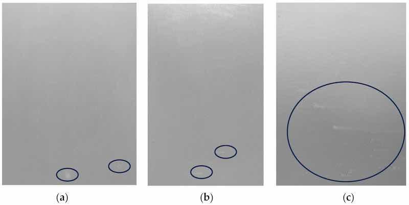 Figure 21. Results from 768 h of SST: SAA 5 Âµm. (a) SAA Zr/F + Mo + Ce (RT), (b) SAA + Cr(III)/Zr (RT)âcommercial product (Alodine 5923 P), (c) SAA + HTS (98 Â°C). The circles in the figure highlight the pits that appeared after testing in SST.