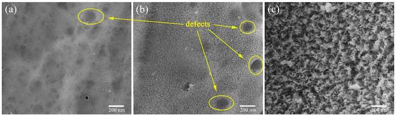Figure 1. Surface microstructure images of 6061 aluminum alloy oxide films at different sulfuric acid electrolyte temperatures: (a) 5 Â°C, (b) 15 Â°C, (c) 25 Â°C.