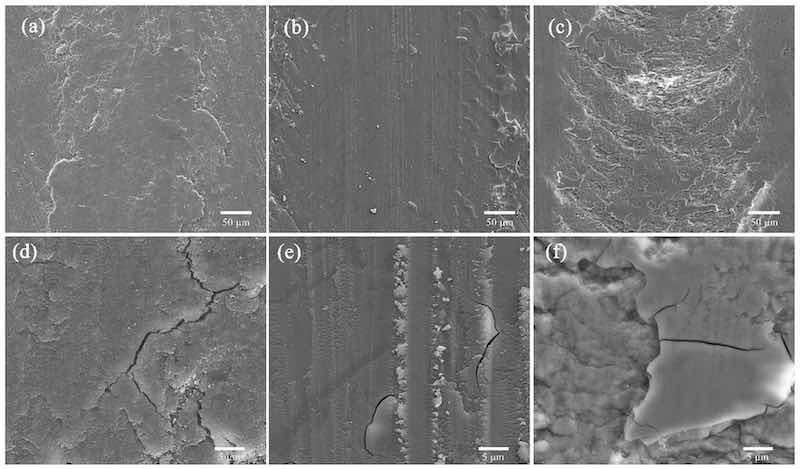 Figure 5. Scanning electron micrograph of the wear track of the AAO; slow magnification: (a) 5 Â°C, (b) 15 Â°C, (c) 25 Â°C; high magnification: (d) 5 Â°C, (e) 15 Â°C, (f) 25 Â°C.