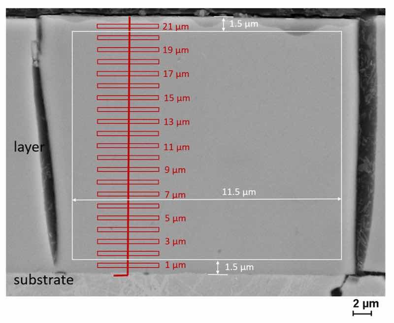 Figure 1. Method of area analysis (white) and method of point analysis (red) of EDXS measurements.