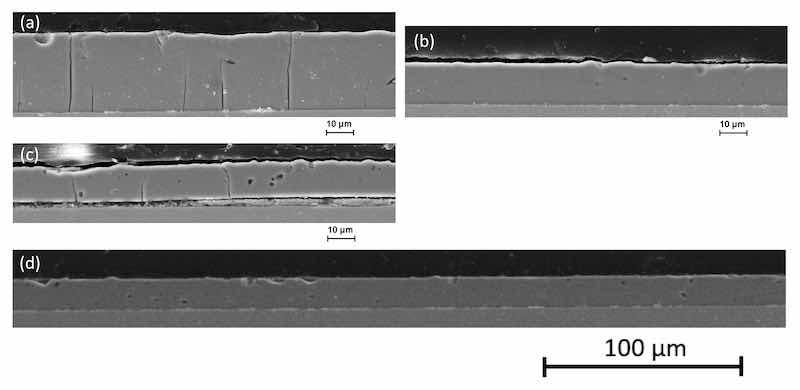 Figure 5. Scanning electron microscopy micrographs of cross-sections of electrodeposited Fe-Cr-Ni coatings under stepped DC conditions for three depositions (a) after first 2 h of electrolyte use with microcracks; (b) after second 2 h without any microcracks and (c) after third 2 h with few microcracks. Picture (d) shows a wider range of the Fe-Cr-Ni-layer with deposition parameters from coating (b).
