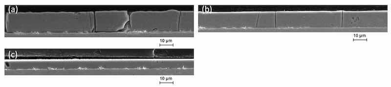 Figure 6. Scanning electron microscopy micrographs of cross-sections of electrodeposited Fe-Cr-Ni coatings under PC conditions for three depositions (a) after first 2 h of electrolyte use with clear microcracks, (b) after second 2 h with some thin microcracks, and (c) after third 2 h with only a small layer thickness but without any microcracks.