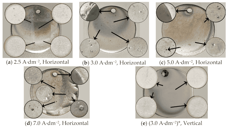 Figure 2. Photographs and optical micrographs of Ni coatings at different current densities.