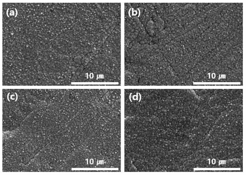 Figure 5. Plated surface appearance due to concentration differences of (a) 0.06 M, (b) 0.04 M, (c) 0.02 M, and (d) 0.01 M.