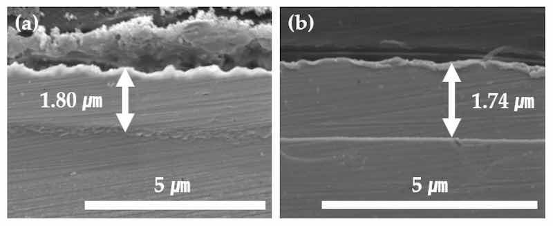 Figure 6. A cross-section of Ni plating at (a) 0.06 M, 40 Â°C, 5 mA/cm2 and (b) 0.04 M, 40 Â°C, 10 mA/cm2 was examined using SEM to determine the plated thickness.