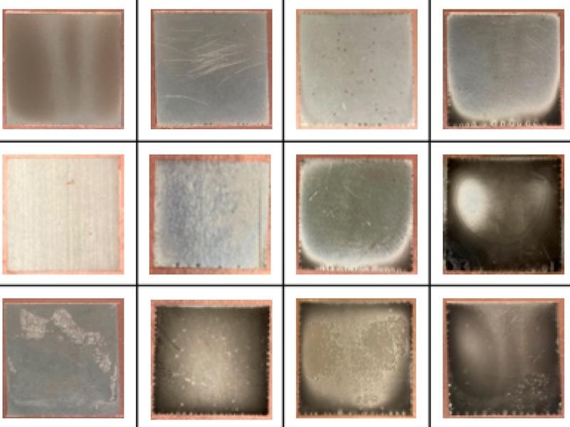 Plated surface results for each concentration according to the temperature and current. Figure 3. Plated surface results for each concentration according to the temperature and current